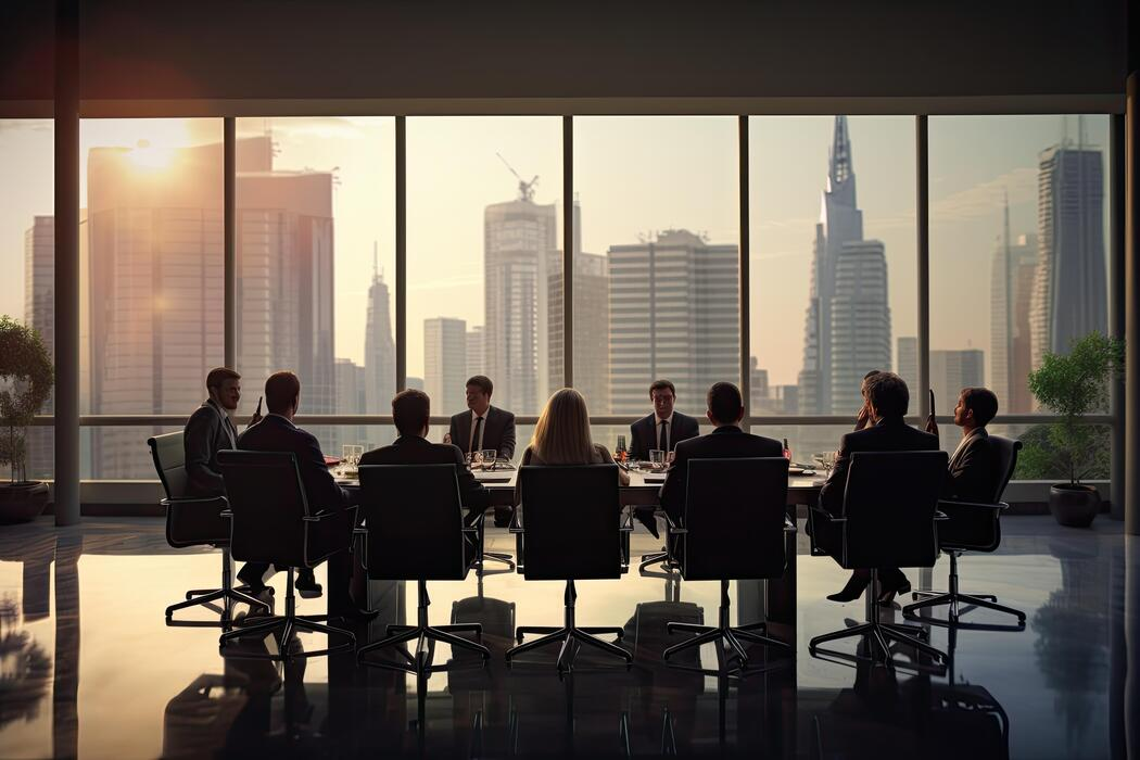 Leadership team meeting around a boardroom table at dusk